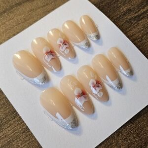 24 pcs white cream silver giltter flower floral almond press on nails french